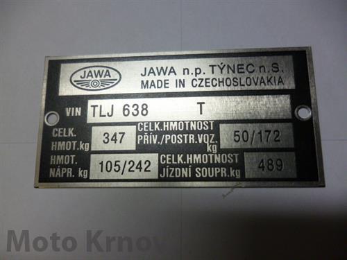 štítek typový-Jawa 350/638  (leptaný,předtištěný)